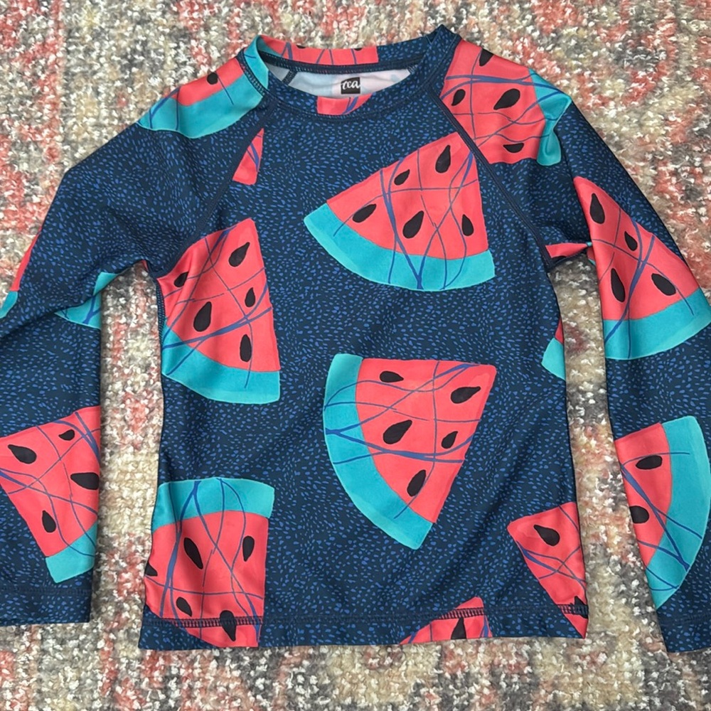 Tea Collection Girl's Long Sleeve Watermelon Print Swim Rash Guard Top